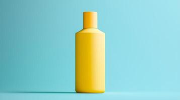 A vivid yellow bottle stands upright on a turquoise surface, showcasing its sleek design and vibrant color. photo