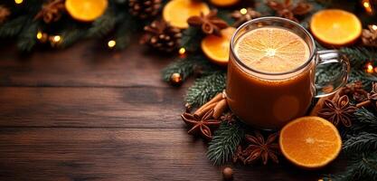 A mug of coffee is sitting on a wooden table with a bunch of oranges and cinnamon. The image conveys a cozy and warm atmosphere, perfect for a relaxing morning or afternoon photo