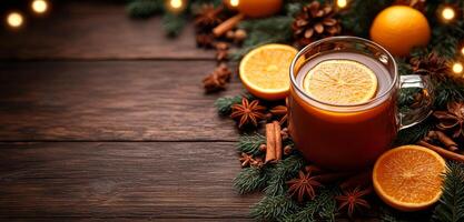 A mug of mulled wine is surrounded by oranges and cinnamon. The image conveys a cozy and warm atmosphere, perfect for a cold winter day photo