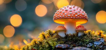 A mushroom with three smaller mushrooms growing out of it. The image has a peaceful and serene mood, with the mushrooms growing on a mossy log in the woods photo