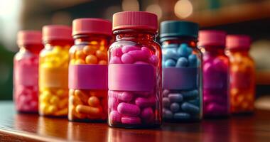 A row of colorful pills are lined up on a table. The pills are in different colors and shapes, and they are all in bottles. The bottles are arranged in a row, with the first bottle on the left photo