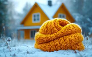 A yellow knit scarf is sitting on the snow next to a yellow house. The scarf is wrapped around a person's neck, but it is not being worn. The scene is peaceful and serene, with the snow photo