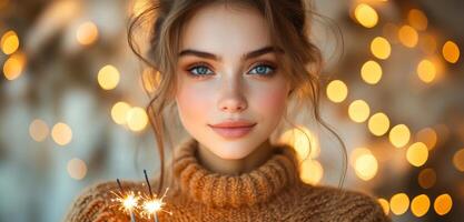 A woman with blue eyes and blonde hair is wearing a brown sweater and holding a sparkler. The image has a warm and cozy feeling, with the woman's smile and the sparkler adding a festive touch photo