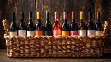 A basket full of wine bottles with different colors and sizes. The basket is on a wooden surface photo