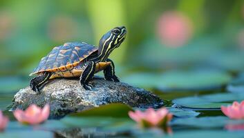 A turtle is standing on a rock near a pond with pink flowers. The scene is peaceful and serene, with the turtle being the only living creature in the image photo
