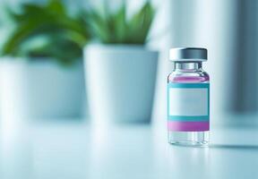 A bottle of medicine sits on a table next to a potted plant. The bottle is clear and has a blue and pink label. The plant is green and has a white pot. The scene is simple and peaceful photo
