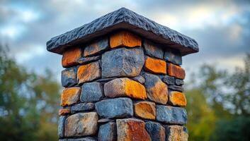 A brick pillar with a cap on top. The brick is a mix of brown and gray. The pillar is surrounded by trees and has a cloudy sky in the background photo