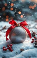 A silver ornament with a red ribbon is sitting on top of snow. The snow is falling around the ornament, creating a peaceful and serene atmosphere. The red ribbon adds a touch of warmth photo