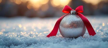 A silver ball with a red ribbon is sitting on top of snow. Concept of warmth and joy, as the red ribbon and the silver ball are both associated with Christmas. The snow adds a sense of serenity photo