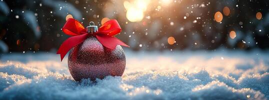 A red ornament with a red ribbon sits on top of a snowy field. Concept of warmth and joy, as the red ornament and ribbon contrast with the cold, snowy background photo