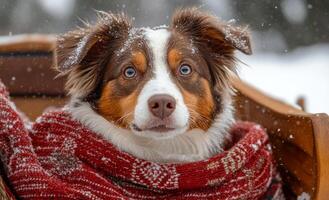 A dog is wearing a red blanket and looking at the camera. The dog appears to be happy and content photo