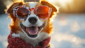A dog wearing sunglasses and a red scarf is smiling. The dog's eyes are open wide, and it is enjoying the winter weather photo