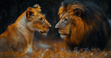 Two lions are looking at each other in a forest. The scene is peaceful and serene. The lions are the main focus of the image, and their expressions convey a sense of curiosity photo