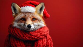 A fox is wearing a red scarf and a santa hat. The fox is smiling and looking at the camera photo
