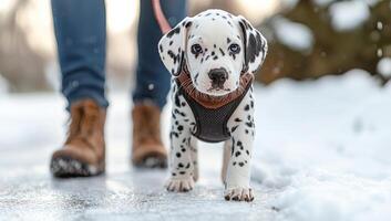 A small black and white dog is walking on a sidewalk with a leash. The dog is wearing a harness and he is enjoying the walk photo