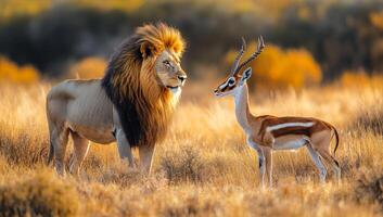 A majestic lion stands tall in the grass, its mane flowing in the wind. A small gazelle stands nearby, looking up at the lion with a mixture of fear and curiosity. The scene is set in the wild photo