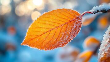 A leaf is covered in snow and is the only thing visible in the image. The snow on the leaf creates a serene and peaceful atmosphere, as if the leaf is resting in a winter wonderland photo