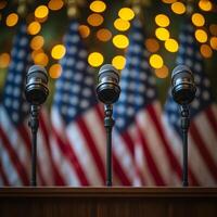 Three microphones are set up in front of the American flag. The microphones are black and the flag is red, white, and blue photo