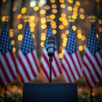 A microphone is on a podium in front of a row of American flags. The flags are red, white, and blue photo