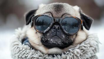 A pug wearing sunglasses and a fur coat. The dog is looking at the camera. Scene is playful and lighthearted photo