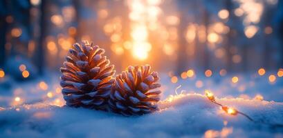 Two pine cones are on top of a snowy field. The sun is setting, casting a warm glow on the scene photo