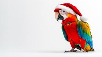 A colorful parrot wearing a Santa hat. The parrot is standing on a white background. The image conveys a festive and cheerful mood, as the parrot is dressed up like a Christmas gift photo