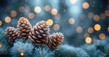 A close up of pine cones on a snowy ground. The pine cones are surrounded by a blue sky and the snow is falling. The scene has a peaceful and serene mood photo