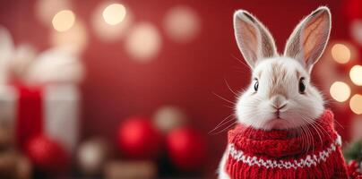 A rabbit wearing a red sweater stands in front of a Christmas tree. The scene is festive and cheerful, with the rabbit being the center of attention photo