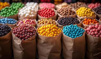 Colorful candy display in a market setting. Multiple bags filled with various colorful candies are arranged neatly. The vibrant hues create an inviting atmosphere. photo