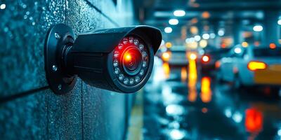 Security camera monitoring a parking lot at night. A security camera captures activity in a dimly lit parking area, highlighting safety measures during nighttime hours. photo