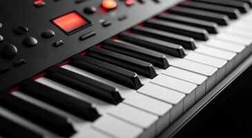 Close-up view of black and white piano keys. Close-up of piano keys showcases polished surfaces and digital features for music creation and practice. photo