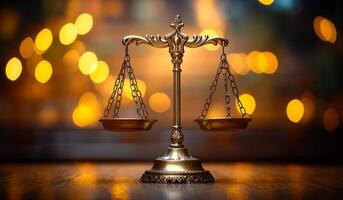 Brass scale for justice and balance. A brass balance scale sits on a wooden surface, glowing warmly with soft bokeh lights in the background. photo