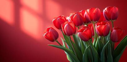 Red tulips on a bright red backdrop. Bright red tulips bloom elegantly, casting shadows in soft light in a warm, inviting indoor setting. photo