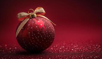 Sparkling red Christmas ornament with golden bow. A bright red ornament with sparkles sits elegantly on a deep red surface, surrounded by shimmering glitter. photo