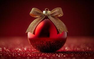Shiny red Christmas ornament with golden bow. A glossy red ornament adorned with a golden bow rests on a glittery surface, capturing festive spirit and elegance. photo