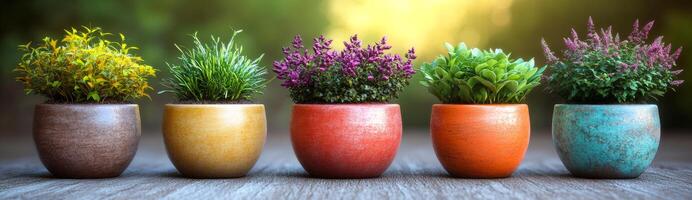 A row of five colorful potted plants sit on a wooden table. The plants are of different sizes and colors, creating a vibrant and lively atmosphere photo