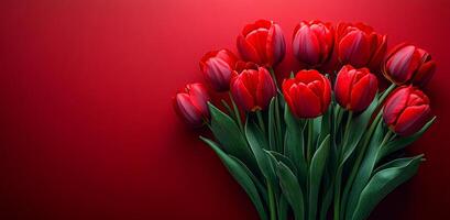 Bright red tulips arranged on a vibrant background. A bouquet of red tulips with green stems sits against a striking red backdrop, creating a bold visual statement. photo