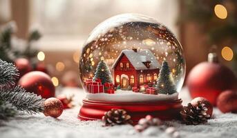 A snow globe with a red house and trees inside. The snow globe is surrounded by red and white ornaments photo