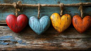 A row of wooden hearts hanging from a rope. The hearts are of different colors and sizes. Concept of warmth and love, as the hearts are arranged in a row, suggesting unity and togetherness photo
