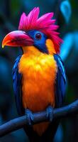 A colorful bird with a red beak and yellow feathers is perched on a branch. The bird's bright colors and unique appearance make it stand out against the blue background. Concept of vibrancy and life photo