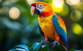 A colorful parrot perched on a leafy branch. The bird is bright and lively, with a mix of red, yellow, and blue feathers. The scene is vibrant and full of life, capturing the essence of nature photo