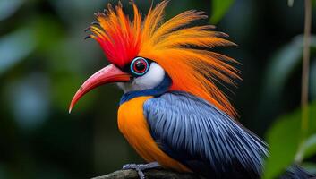 A colorful bird with a long tail and a long orange and blue beak. The bird is perched on a branch in a lush green forest photo