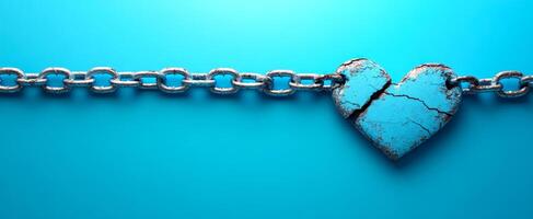 A chain with a broken heart on it. The chain is blue and the heart is blue and broken photo