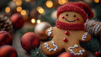 A gingerbread man with a red hat and a smile is surrounded by Christmas decorations. The scene is festive and cheerful, with the gingerbread man being the center of attention photo