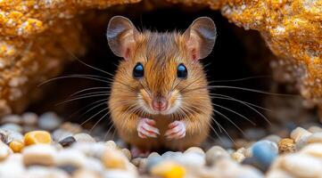 A small brown mouse is standing in a hole in the ground. The mouse is looking up at the camera with its eyes wide open photo