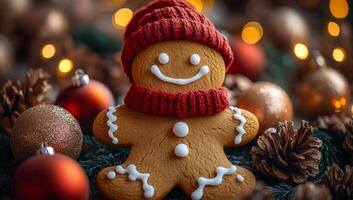 A gingerbread man with a red hat and a smile on his face is sitting on a table with Christmas decorations photo