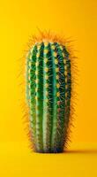 A tall green cactus with yellow spikes on top. The cactus is standing on a yellow surface photo