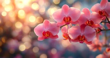 A bunch of pink orchids are hanging from a tree branch. The flowers are in full bloom and are surrounded by a blurry background. Concept of beauty and tranquility photo