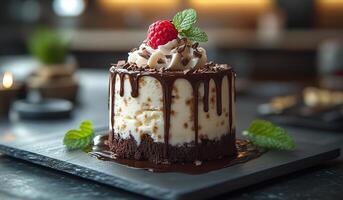 A chocolate cake with whipped cream and raspberries on top. The cake is sitting on a black plate photo