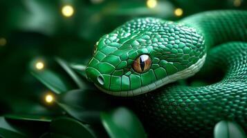 A green snake with a yellow eye is laying on a leafy green background. The snake is the main focus of the image, and the green leaves provide a natural and calming atmosphere photo